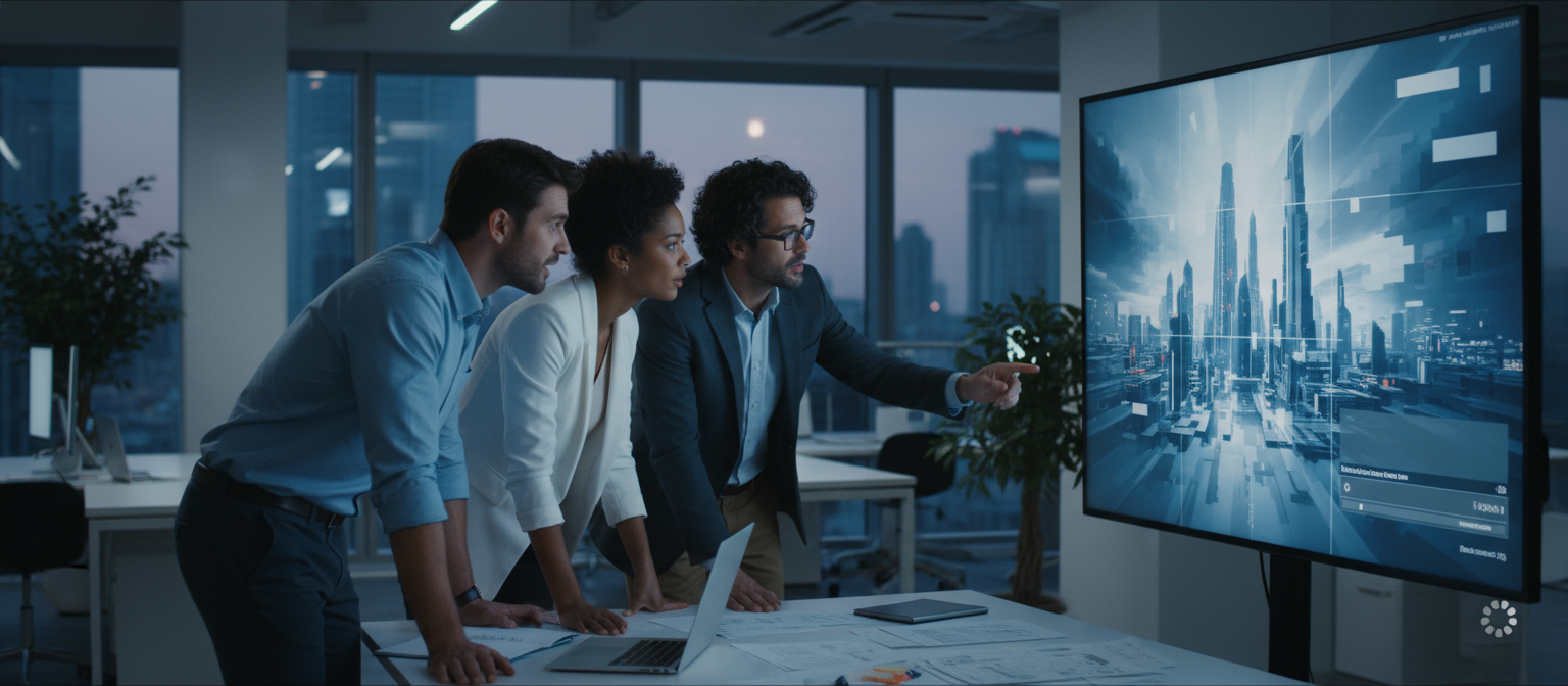 천천히 렌더링되는 이미지가 있는 큰 화면을 보는 사람들, 공유 다운로드를 시사합니다.