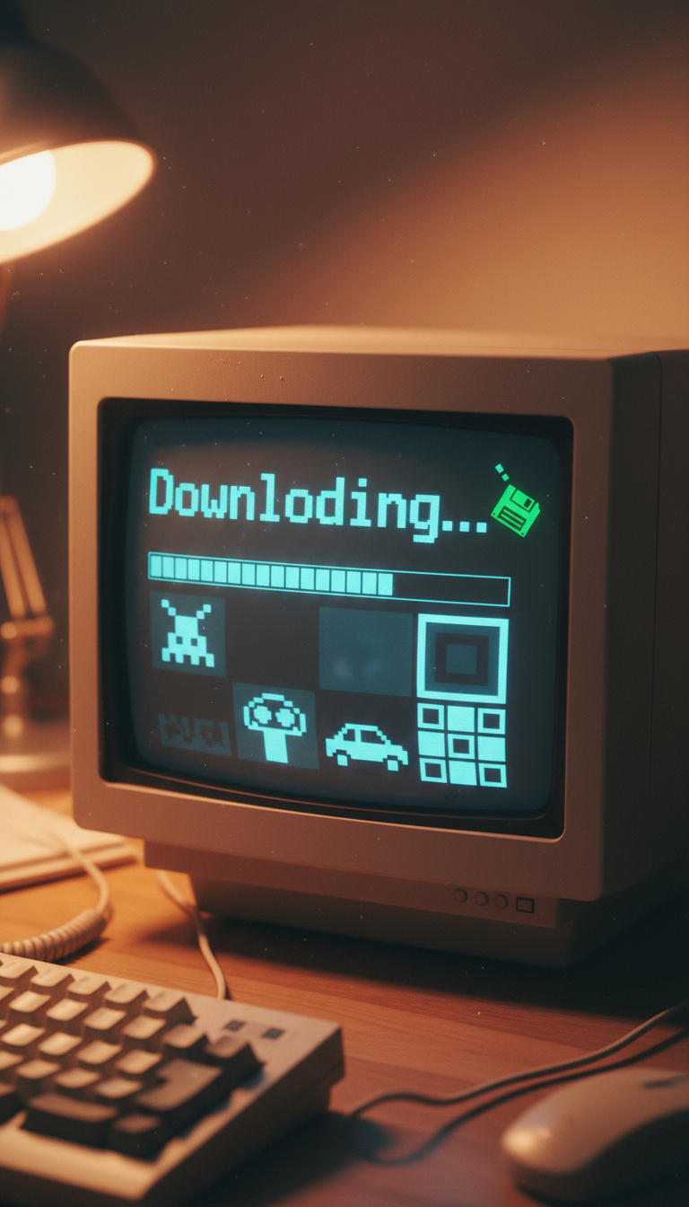 픽셀 아트 스타일의 '다운로드 중...' 메시지와 블록형 이미지가 나타나는 복고풍 컴퓨터 화면.