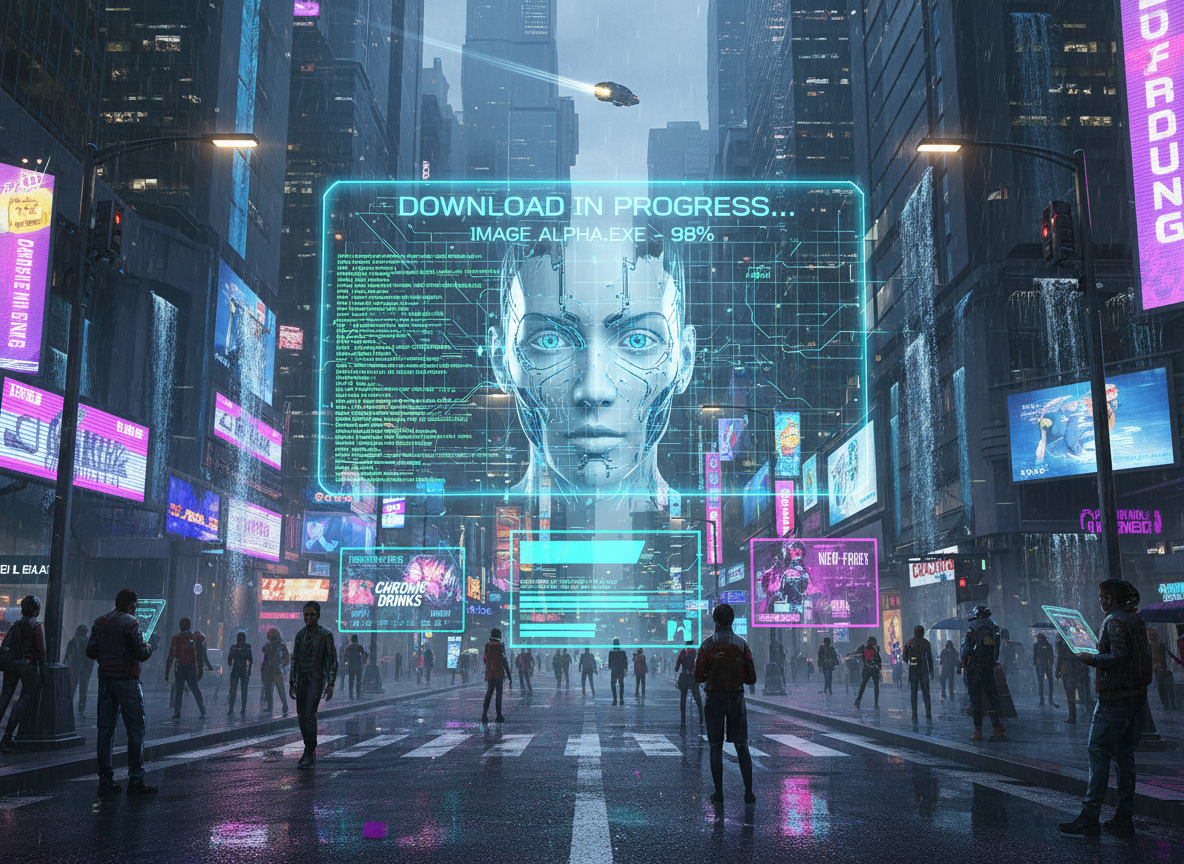 홀로그램 이미지 다운로드가 있는 사이버펑크 거리 풍경.