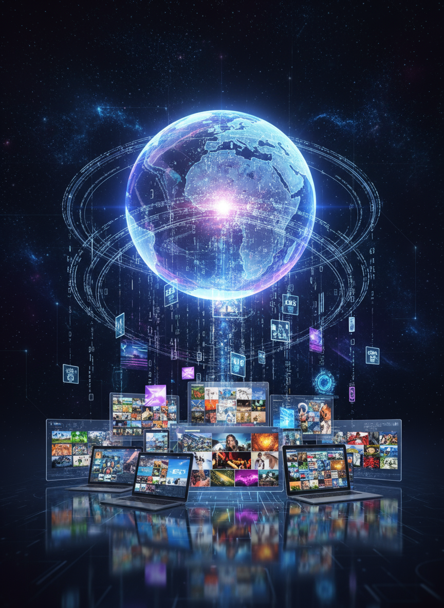 디지털 글로브에서 장치로 데이터 스트림이 방출되며 글로벌 이미지 다운로드를 상징합니다.