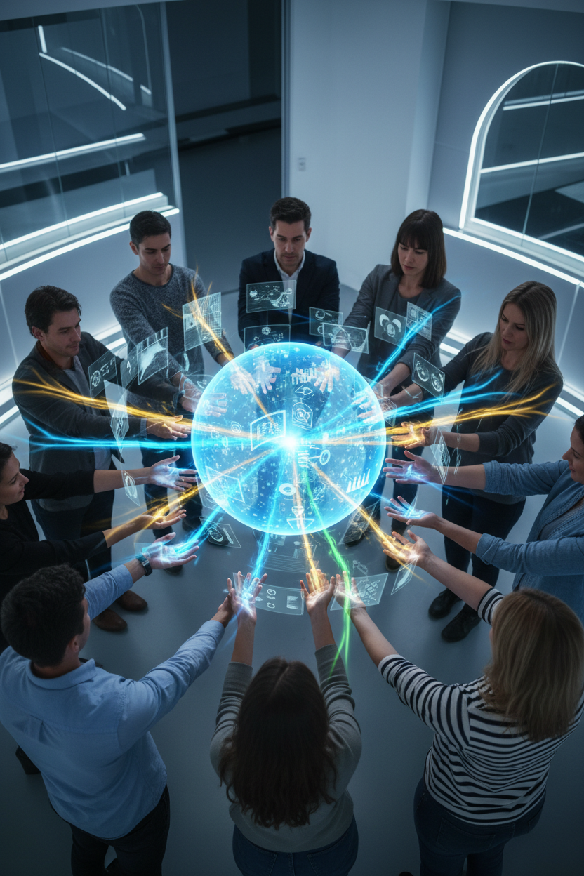 홀로그램 구체에 이미지를 투사하여 다운로드하기 위해 손에서 빛나는 연결로 협력하는 다양한 팀.