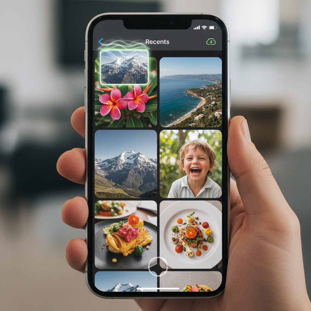 새로운 이미지가 도착했음을 나타내는 애니메이션이 있는 다운로드된 사진이 표시된 스마트폰 화면.