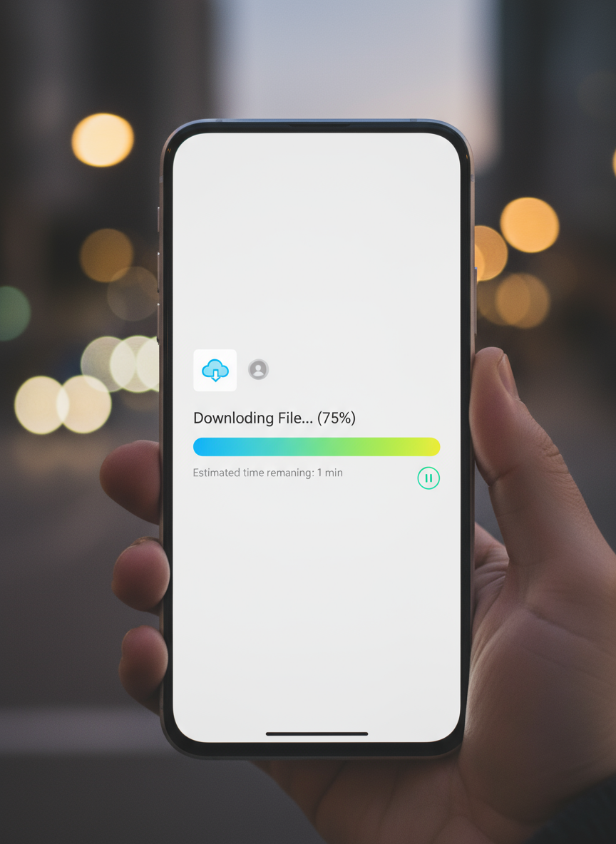 밝은 다운로드 진행률 표시줄과 이미지 썸네일이 보이는 스마트폰 화면 클로즈업.