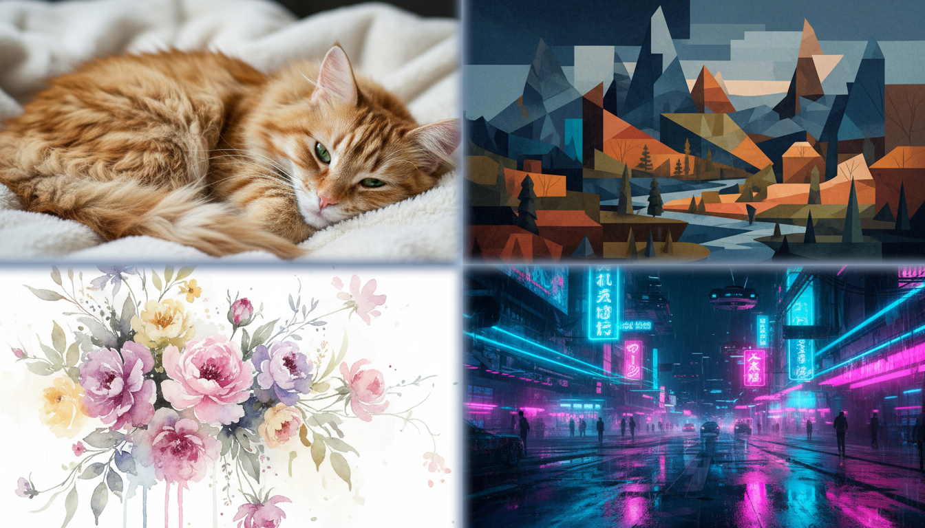 AI가 생성한 다양한 예술 스타일(사실적인 고양이, 입체주의 풍경, 수채화 꽃꽂이, 네온 사이버펑크 거리)이 완벽하게 조화된 복합 이미지.