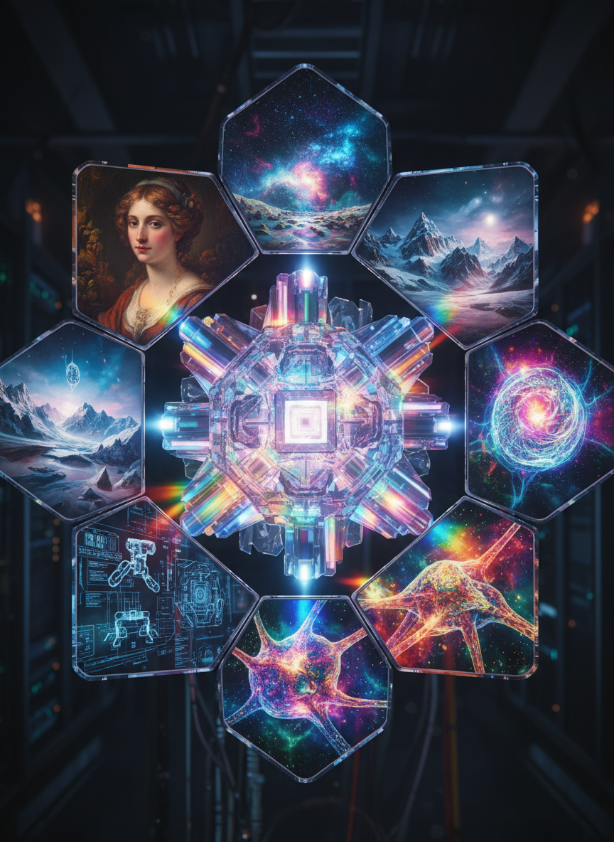 핵심 양자 컴퓨터가 빛을 내고 주변 패널에는 AI 생성 이미지가 다양하게 전시된 모습.