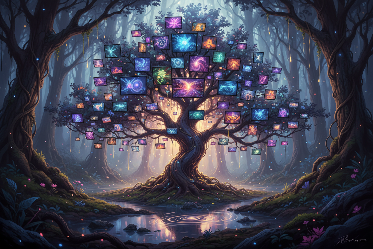 작고 진화하는 이미지로 만들어진 잎사귀를 가진 마법의 빛나는 나무, 각 잎은 AI가 만든 독특한 작품.