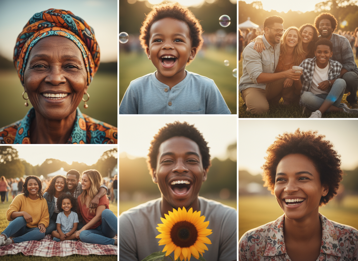 긍정적인 감정과 기쁨을 불러일으키도록 AI가 생성한 다양한 이미지 모음.