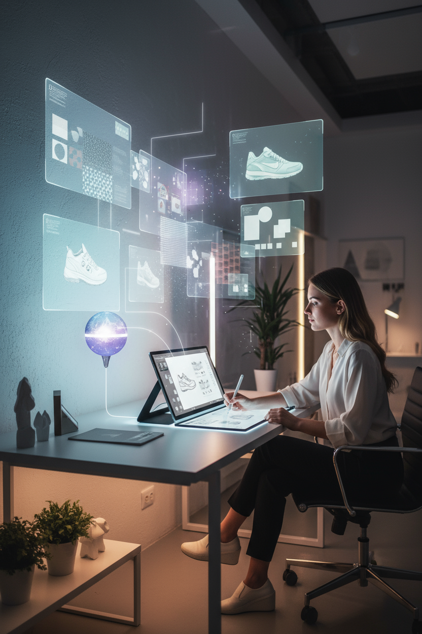 디자이너와 AI 어시스턴트가 협력하여 이미지를 생성하고 개선하는 모습.