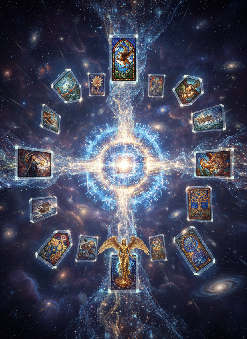 빛나는 AI 코어가 형성되지 않은 원시 이미지의 흐름을 낳고, 이 이미지들이 즉시 다양하고 아름다운 예술 작품으로 굳어지는 우주적 '창세기' 순간.