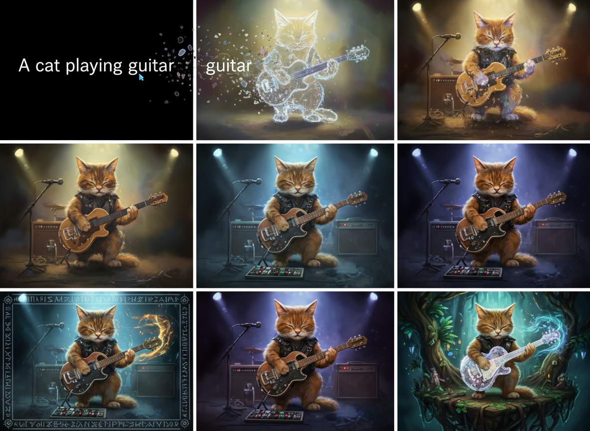 텍스트 프롬프트가 상세하고 스타일리시한 이미지로 변형되는 모습으로, 텍스트-이미지 AI를 보여줍니다.