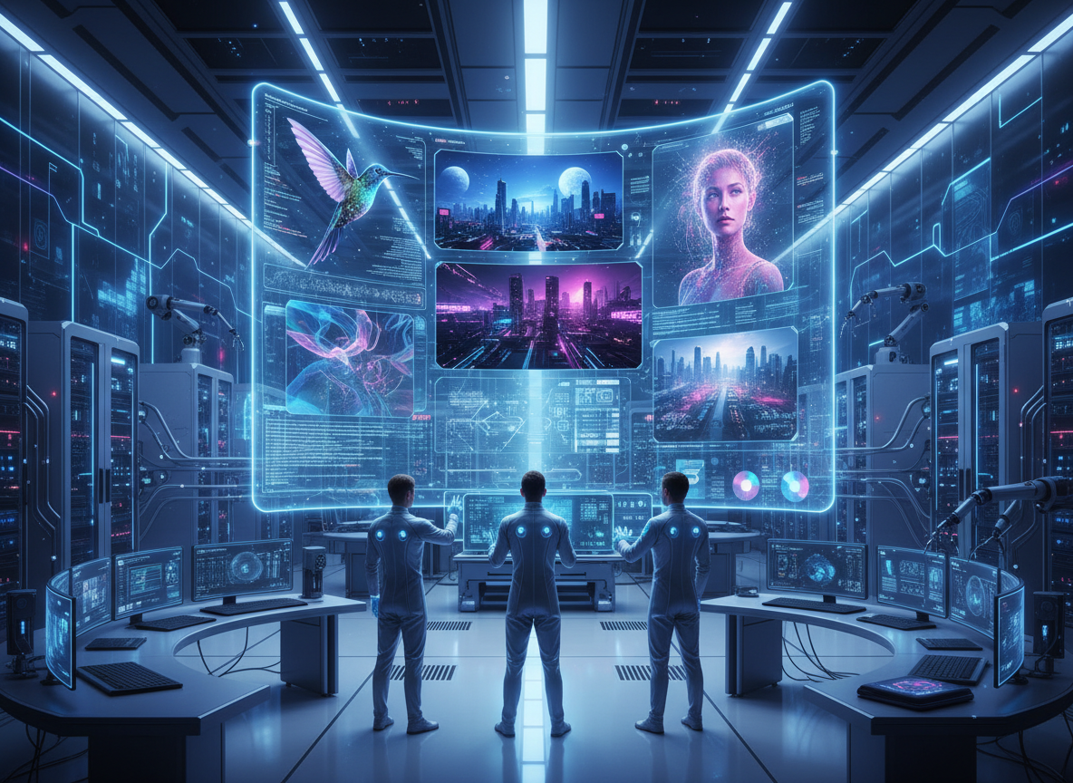 미래 연구실의 홀로그램 디스플레이에서 AI가 생성한 이미지가 실시간으로 흐르는 모습.