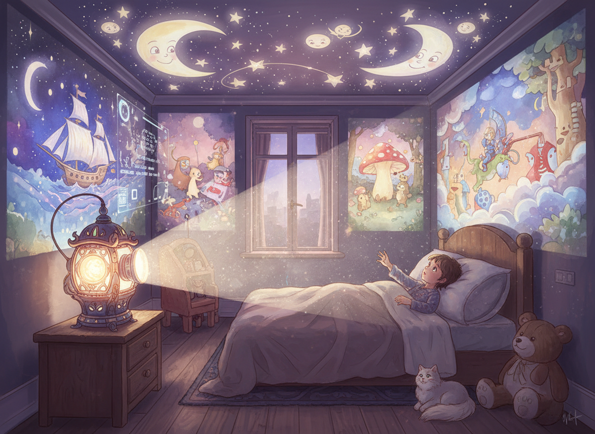 아이 방에 AI 마법 랜턴이 생생한 동화 이미지를 벽에 직접 투사하는 모습.