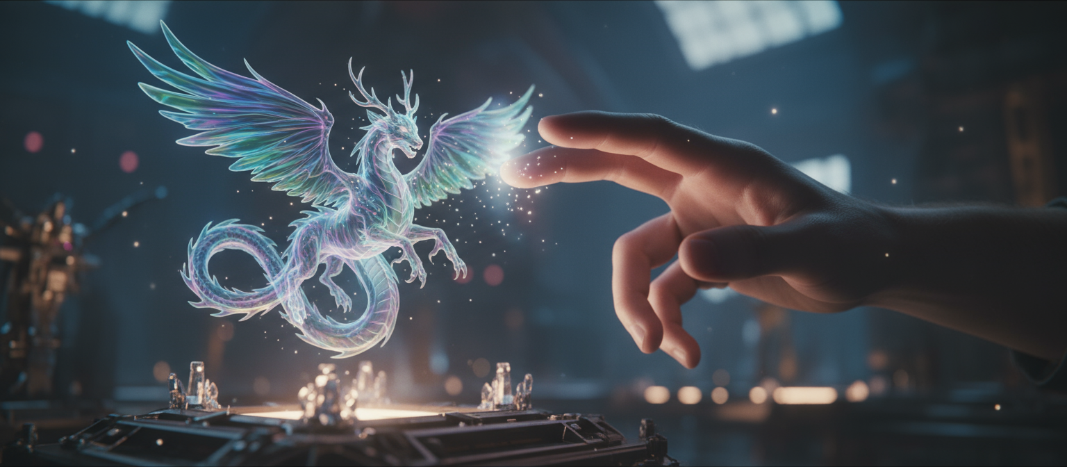 인간의 손이 AI가 만든 환상적인 생물의 홀로그램 이미지를 만지는 모습.