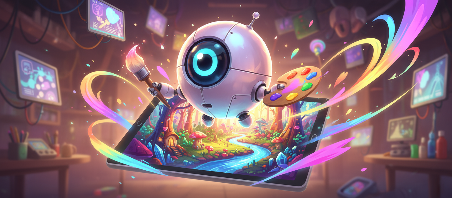 작은 로봇 AI 캐릭터가 팔레트를 들고 디지털 스파클과 창의적인 에너지에 둘러싸여 환상적인 숲을 즐겁게 그리는 모습.