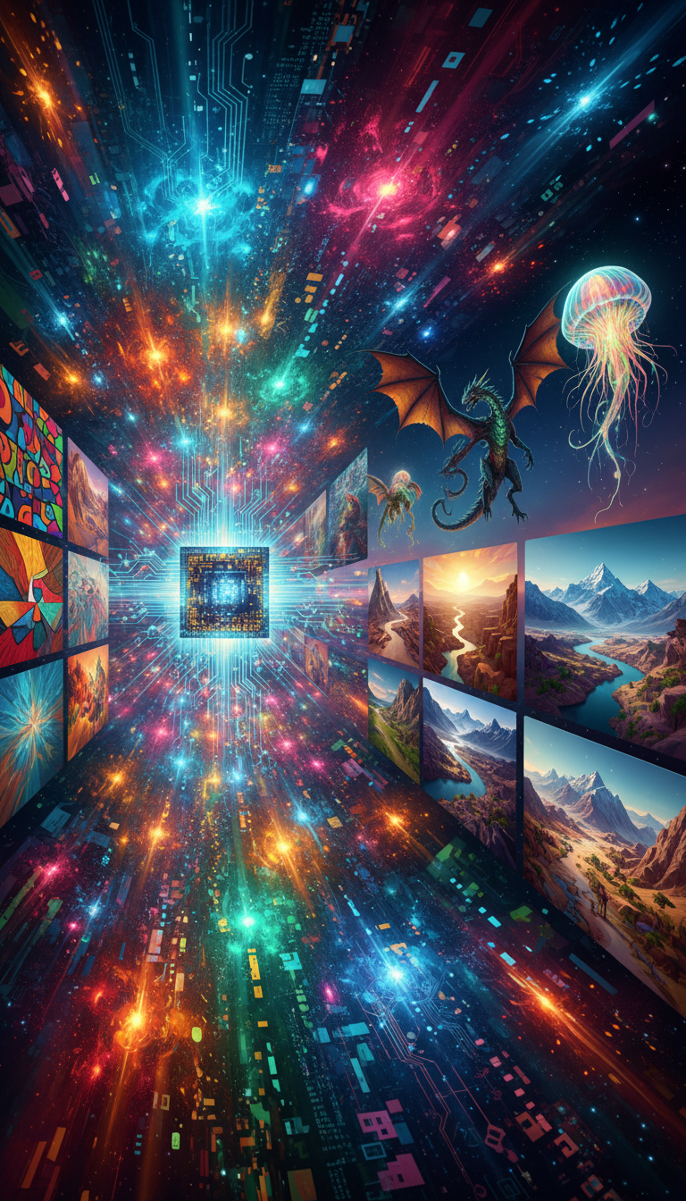 디지털 소용돌이에서 다양한 이미지를 생성하는 AI 코어.