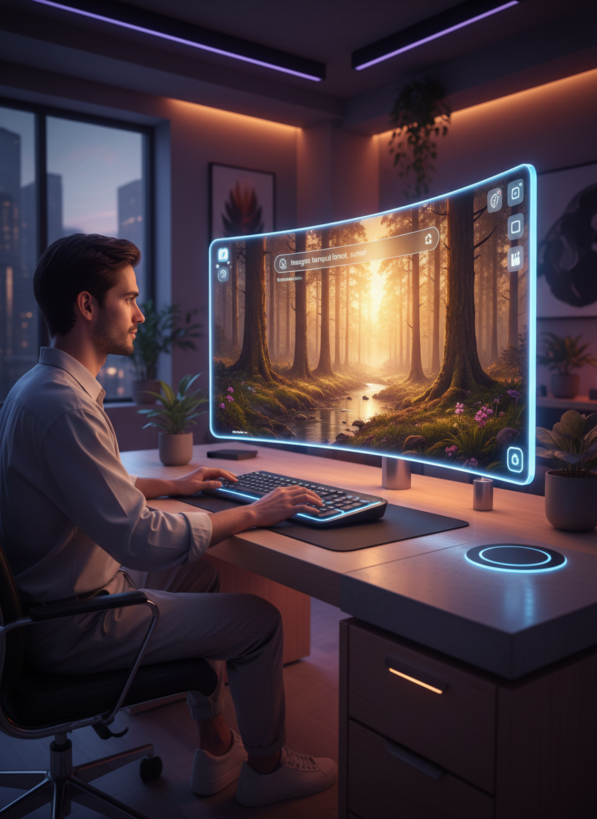 사용자가 AI 인터페이스를 통해 일몰 숲 이미지를 생성하는 모습.