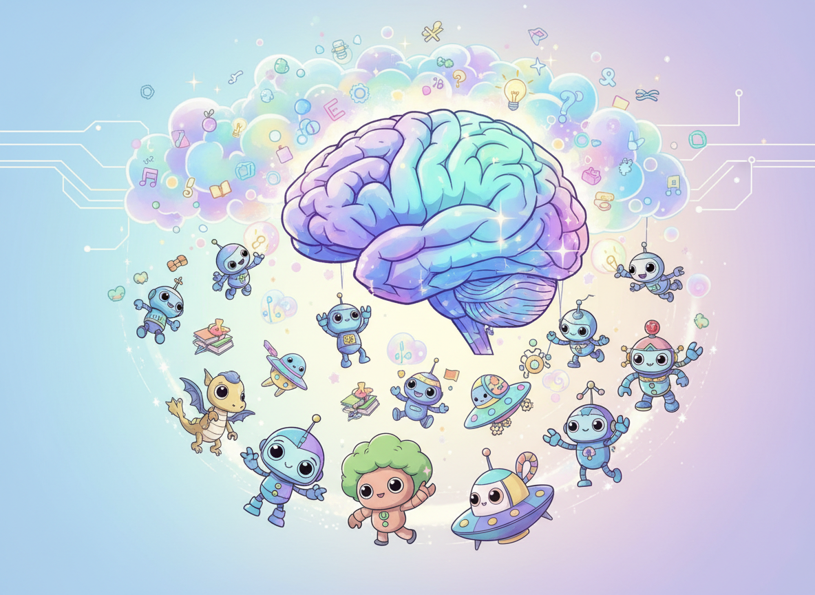 추상적인 AI 뇌 위에 떠 있는 '생각 구름' 이미지, 작은 로봇(알고리즘을 상징)들이 구름에서 아이디어를 뽑아내어 구체적이고 유쾌한 만화 캐릭터로 조립하는 모습.
