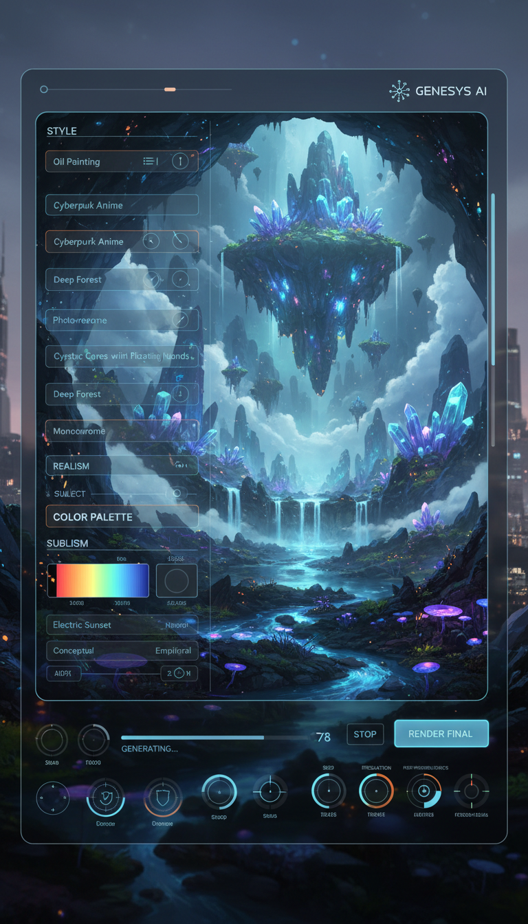 이미지 생성 매개변수를 표시하는 고급 UI와 메인 뷰포트에서 생성되는 멋지고 독특한 풍경, 사용자 인터페이스.