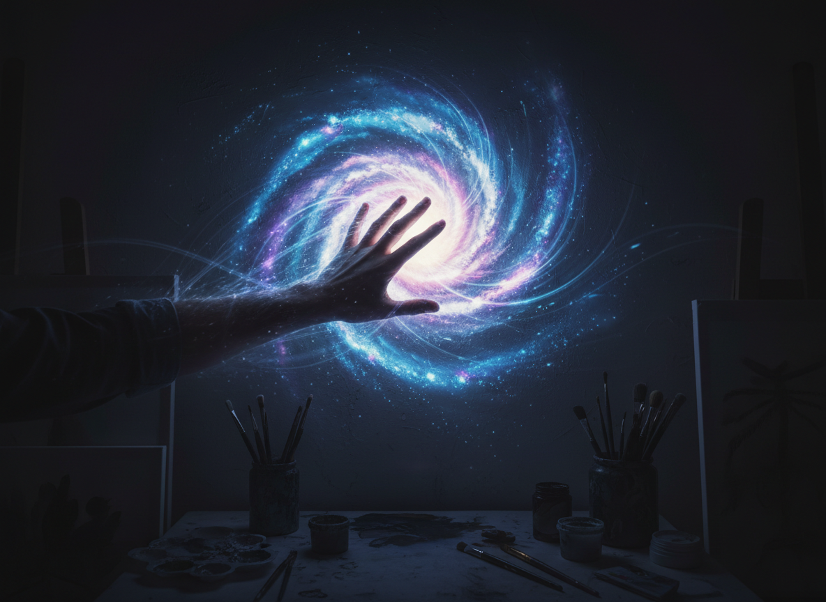 미술가의 손이 투영된 AI 생성 소용돌이 은하 이미지를 만지려 하고, 손가락이 빛에 거의 녹아들어 상호작용과 몰입형 창작을 나타낸다.