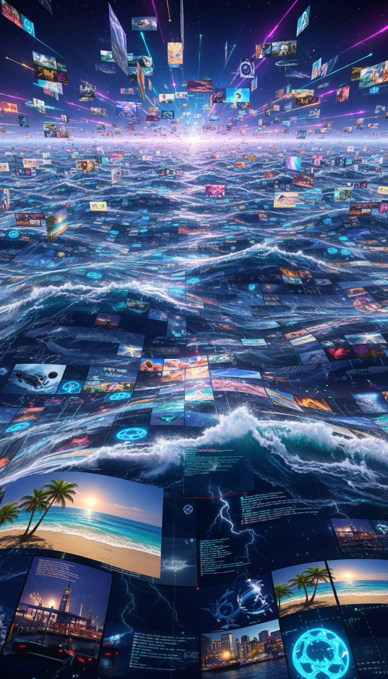 각 파도가 서로 다른 AI 생성 이미지(예: 고요한 해변, 폭풍우 치는 바다, 번잡한 항구)로 이루어진 광대한 디지털 바다, 끊임없이 변화하고 재형성되며 AI 창의성의 무한한 본질을 상징한다.