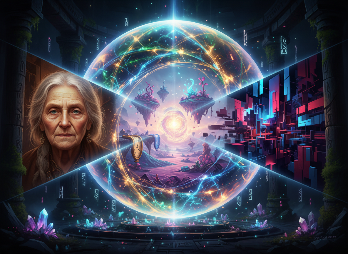 지각 있는 AI 빛나는 구체가 여러 다양한 이미지를 공중에 투사하는 개념 미술.