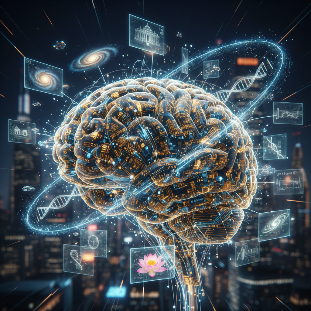 빛나는 AI '두뇌'가 '생각'을 섬세한 이미지로 구현하는 모습.