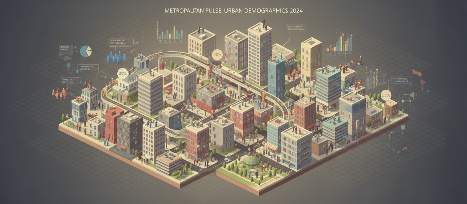 스타일리시한 건물과 사람 아이콘으로 도시 인구 통계를 묘사한 아이소메트릭 도시 생활 인포그래픽.