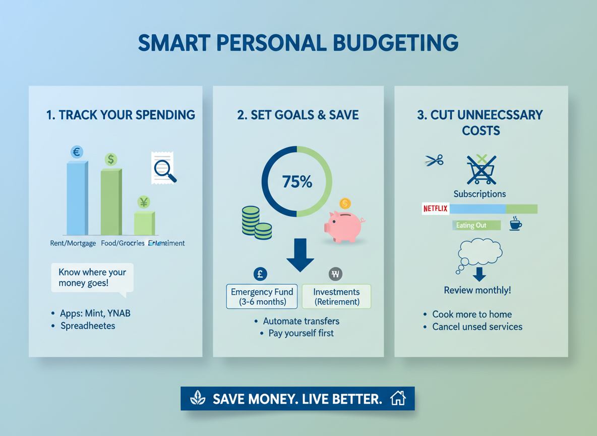 화폐 아이콘과 막대 차트로 개인 예산 관리 팁을 제공하는 현대적인 인포그래픽.