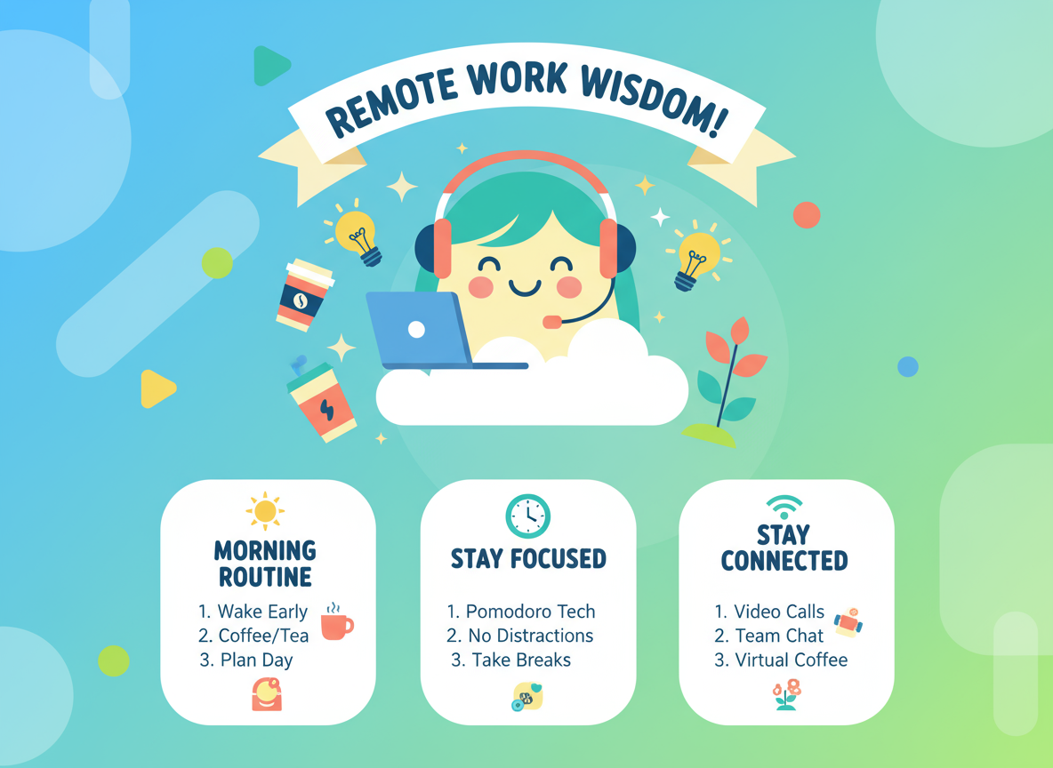캐릭터 삽화가 포함된 원격 근무 생산성 팁에 대한 밝고 유쾌한 플랫 디자인 인포그래픽.