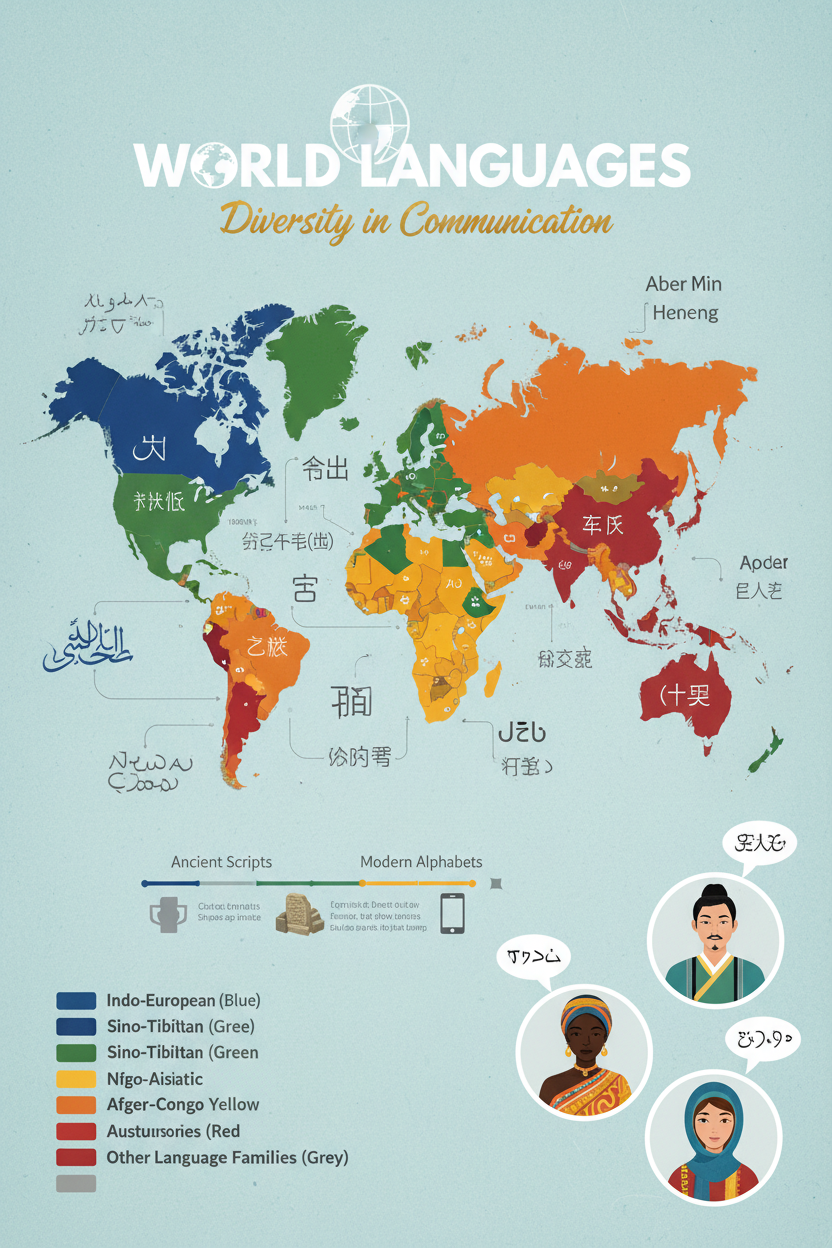 색상으로 구분된 세계 지도에 세계 언어 분포를 보여주는 글로벌 인포그래픽.