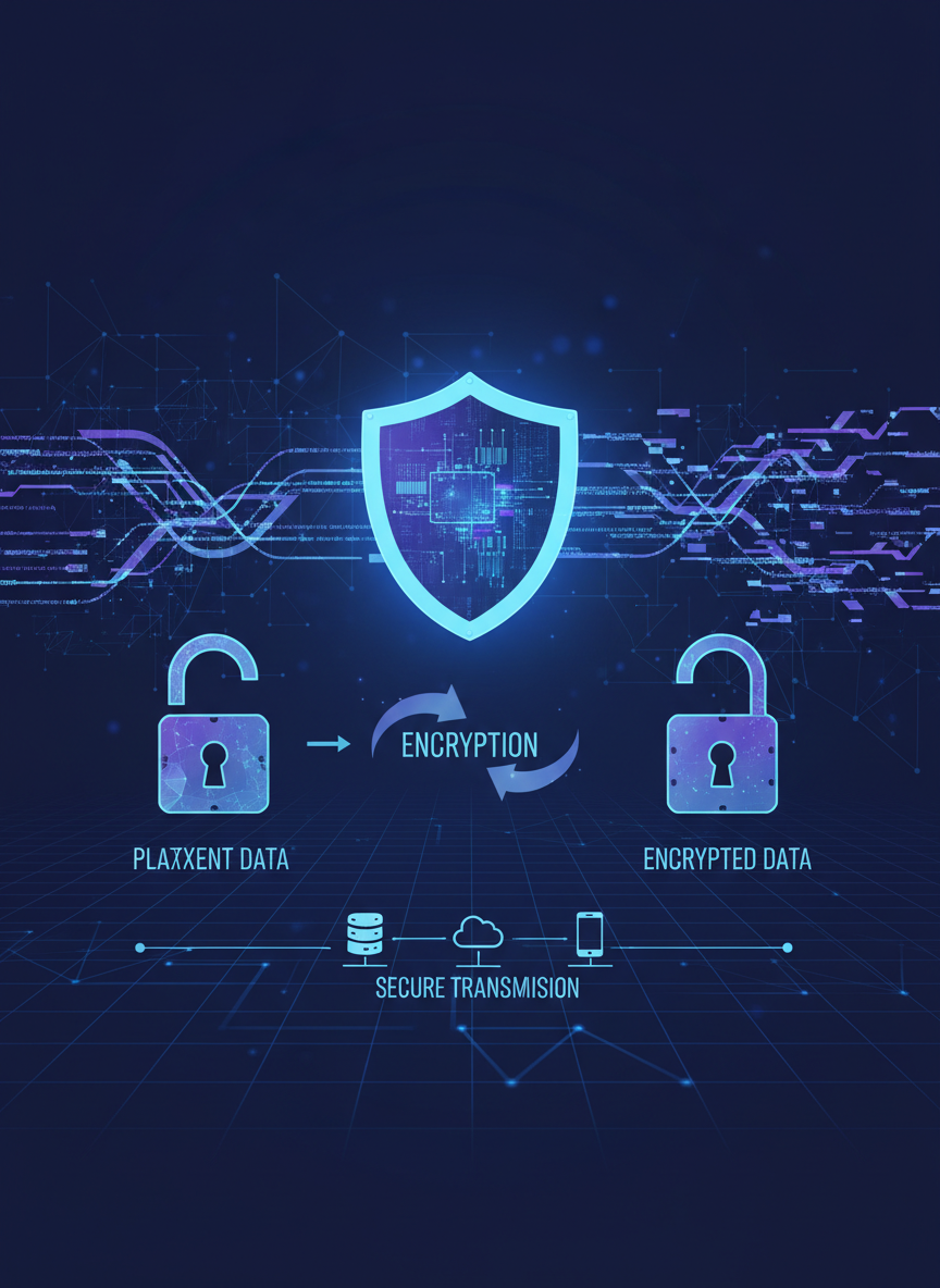 디지털 회로 패턴으로 데이터 암호화를 설명하는 사이버 보안 인포그래픽.