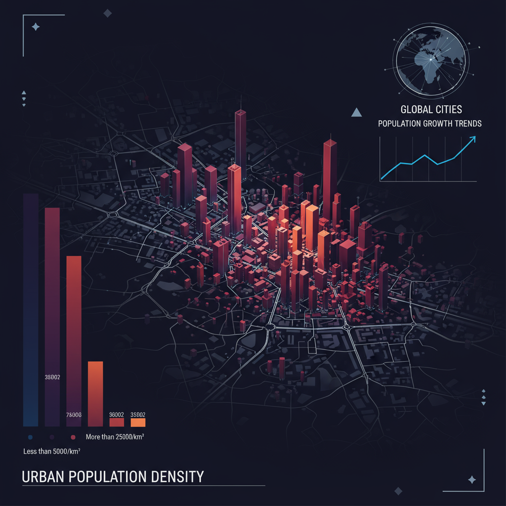 양식화된 건물 아이콘으로 도시 인구 밀도를 보여주는 도시 테마 인포그래픽.