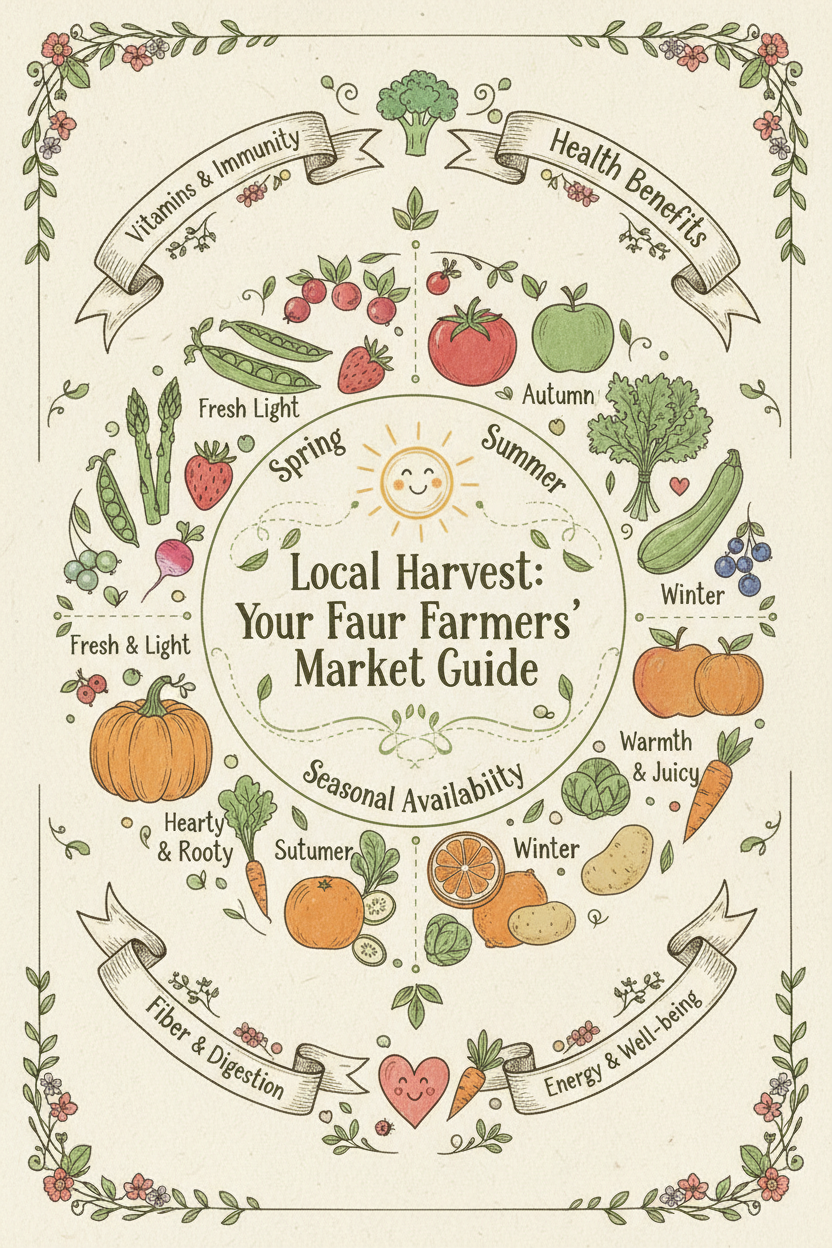 지역 농산물 시장의 농산물, 계절성 및 건강상의 이점을 묘사한 매력적인 손그림 인포그래픽.
