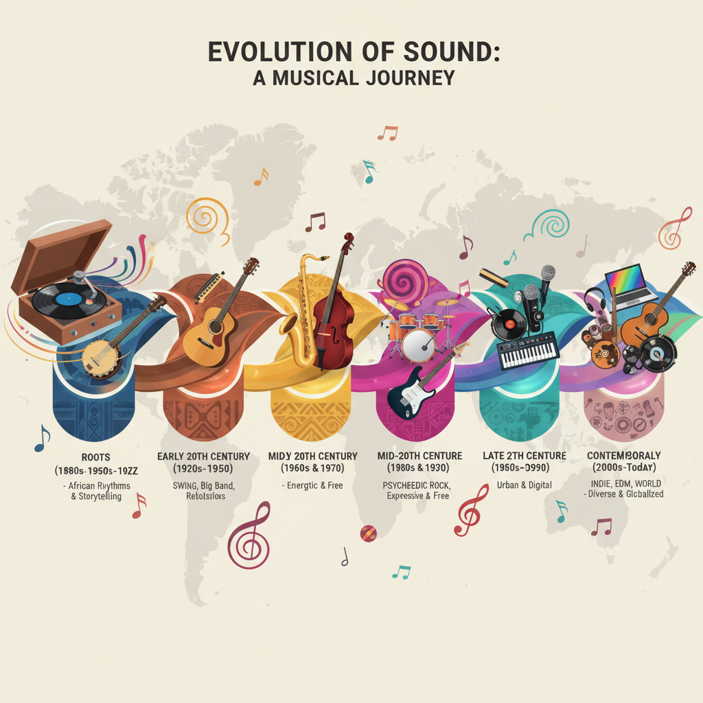 레코드 플레이어와 악기로 음악 장르 역사를 보여주는 인포그래픽.