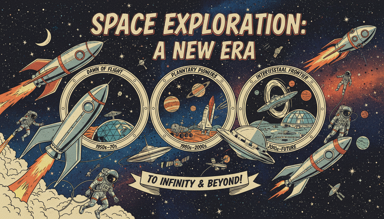 로켓과 우주 비행사로 우주 탐사 이정표를 담은 레트로 퓨처리즘 인포그래픽.
