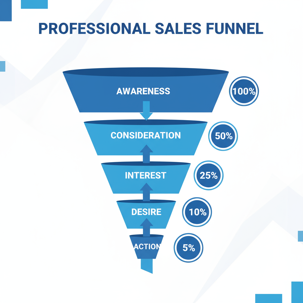 명확한 단계와 전환율이 있는 전문적인 세일즈 퍼널 인포그래픽.
