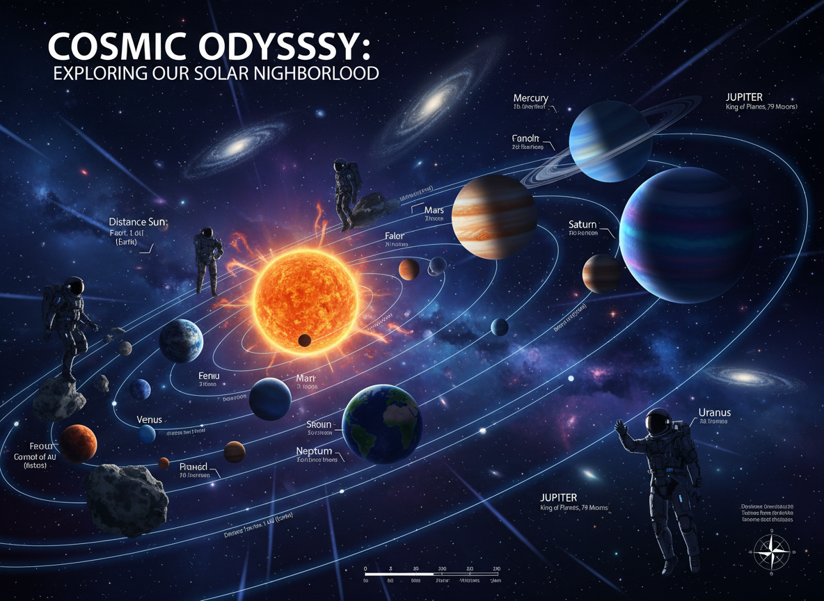 태양계와 심우주 색상을 시각화한 웅장한 우주 탐사 인포그래픽.