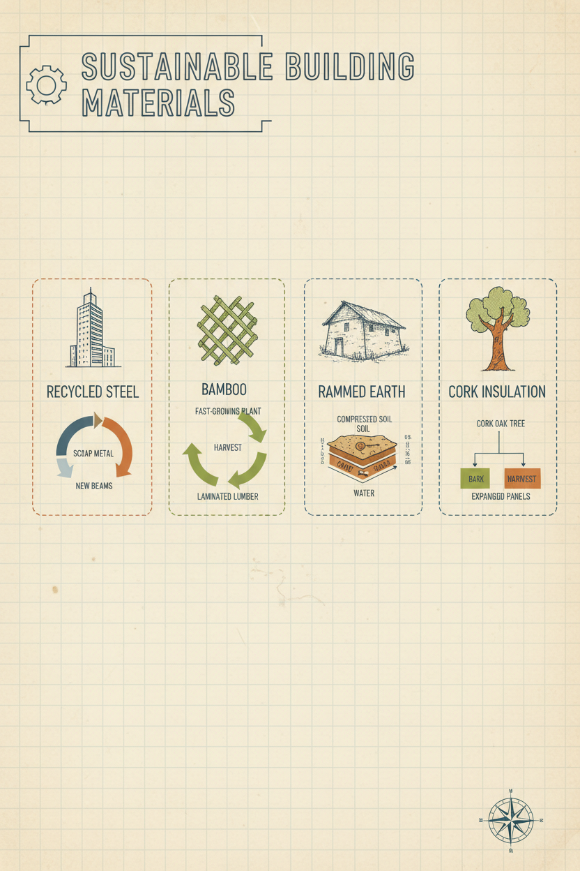 청사진 스타일 선과 흙색 톤으로 지속 가능한 건축 자재를 상세히 설명하는 인포그래픽.