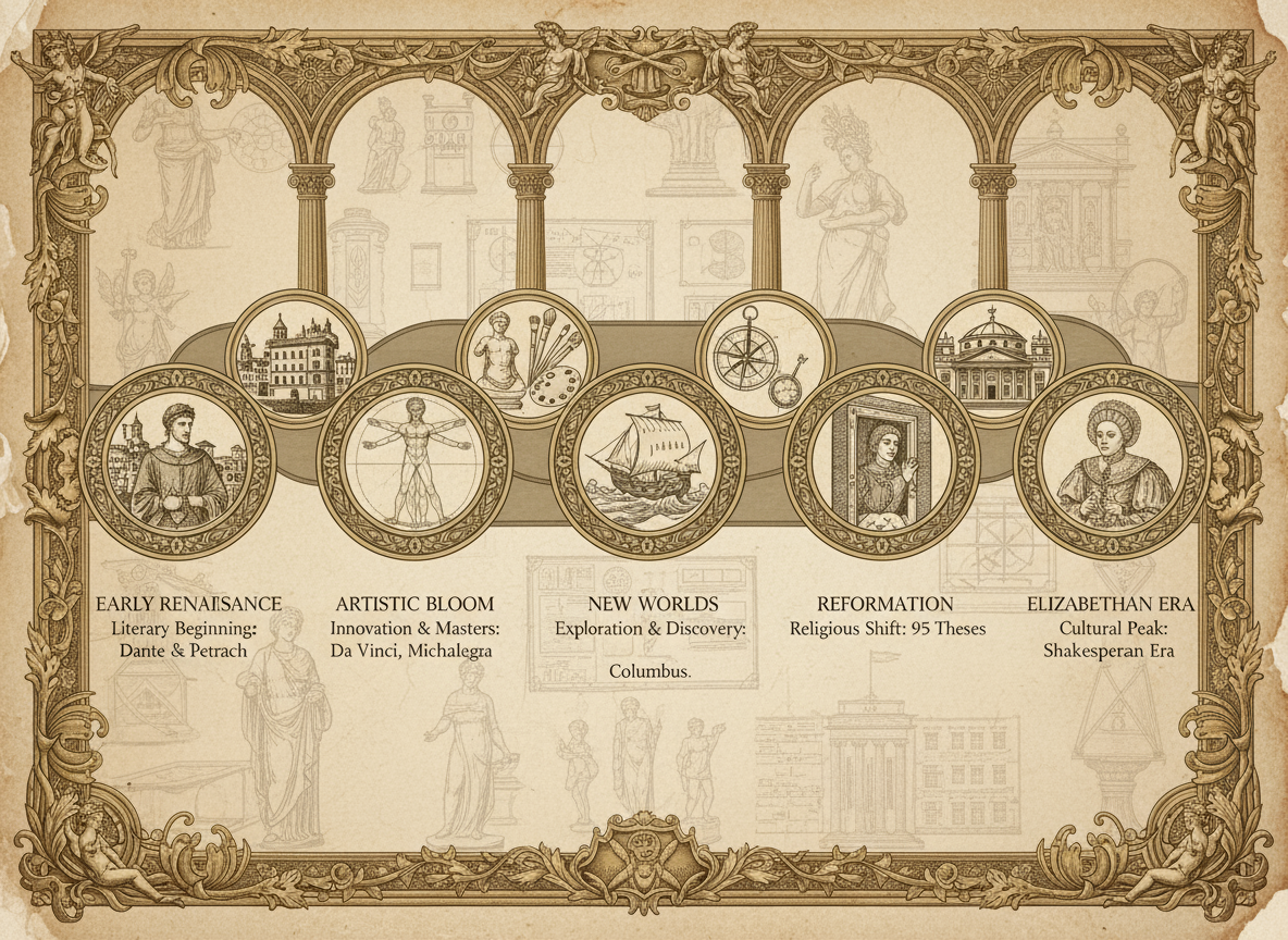 클래식 예술과 세피아 톤으로 르네상스의 주요 사건을 나타내는 우아한 타임라인 인포그래픽.