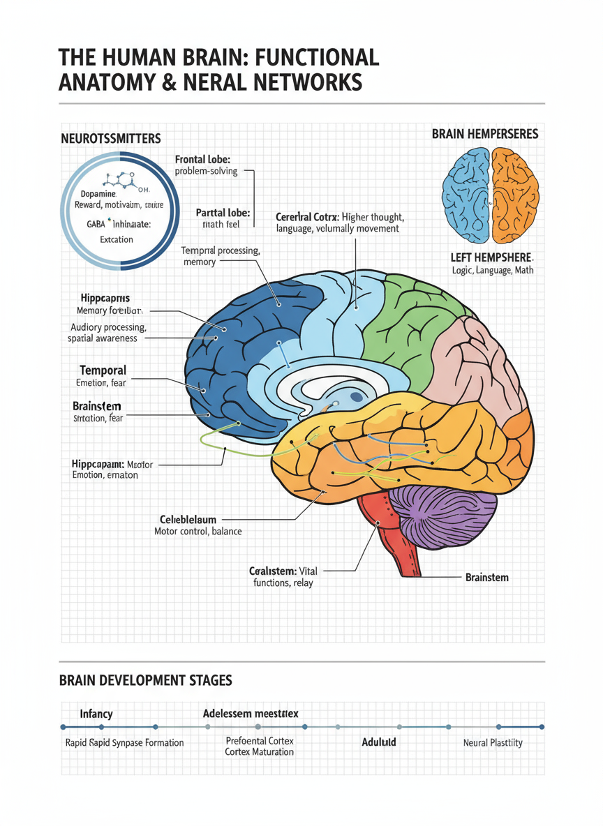 정교한 다이어그램으로 인간 뇌 기능을 설명하는 상세한 교육용 인포그래픽.
