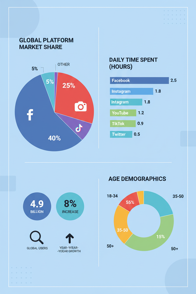 차트와 로고를 사용하여 전 세계 소셜 미디어 사용 통계를 보여주는 플랫 디자인 인포그래픽.