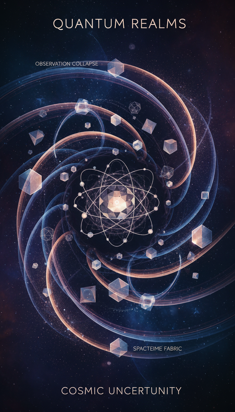 소용돌이치는 선과 빛나는 입자가 있는 양자 물리학에 대한 추상적인 인포그래픽.