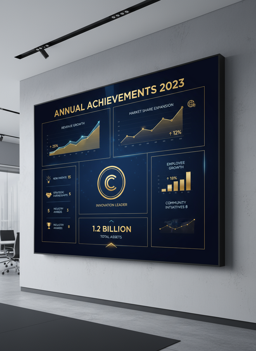 우아한 선형 그래프와 짙은 파란색 및 금색 배색으로 회사 성과를 요약한 세련된 연례 보고서 인포그래픽.