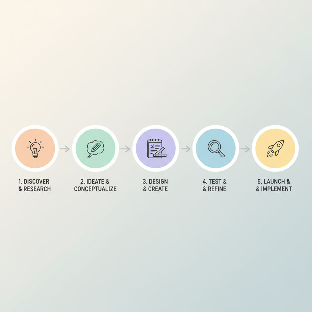 순차적인 흐름과 파스텔 색상으로 창의적인 디자인 과정을 설명하는 깔끔한 인포그래픽.