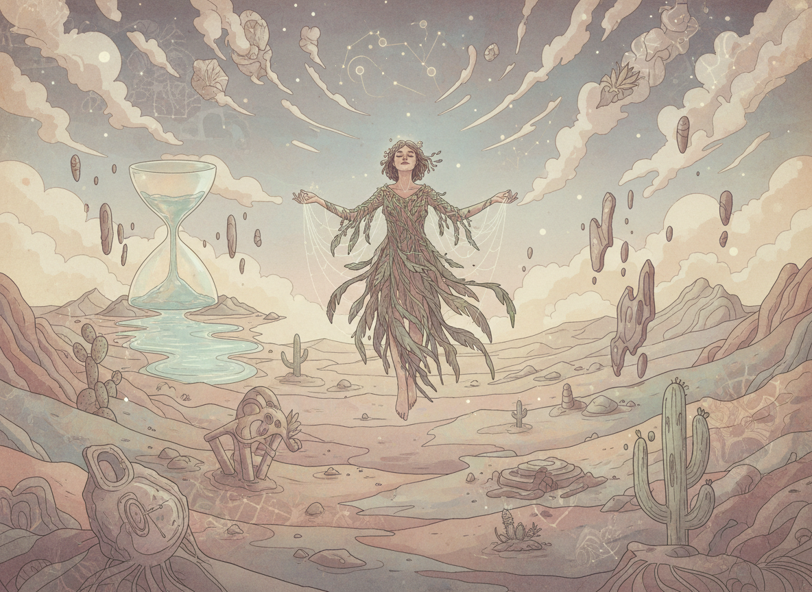 사막 풍경 위에 사람이 떠다니는 초현실적인 일러스트.