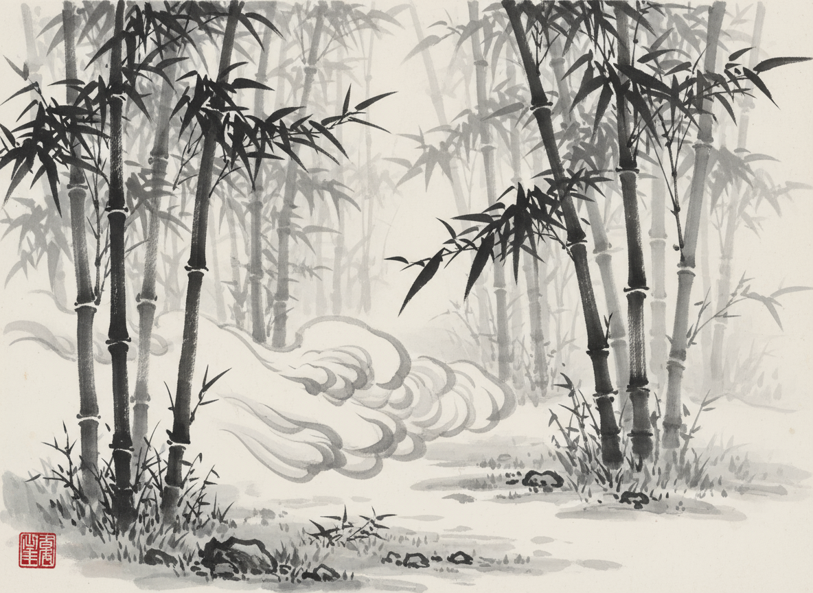 고요한 대나무 숲을 그린 수묵화 일러스트, 단색, 우아한 붓놀림, 전통적인 동양 예술 스타일.