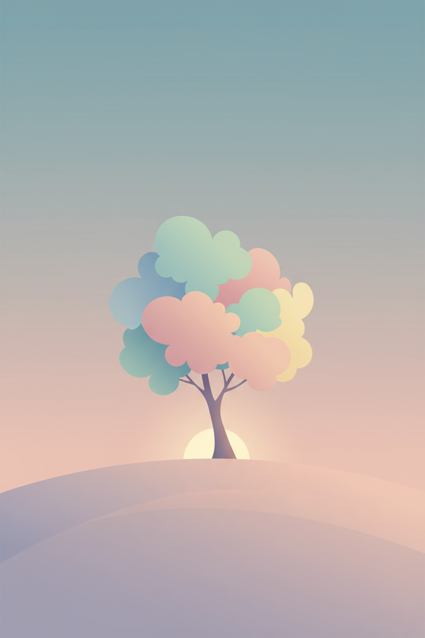 언덕 위의 고독한 나무를 파스텔 톤으로 표현한 미니멀리스트 일러스트.