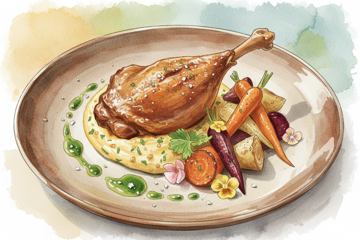 아름답게 차려진 고급 식사의 음식 일러스트, 풍부한 질감, 매력적인 색상, 부드러운 배경.