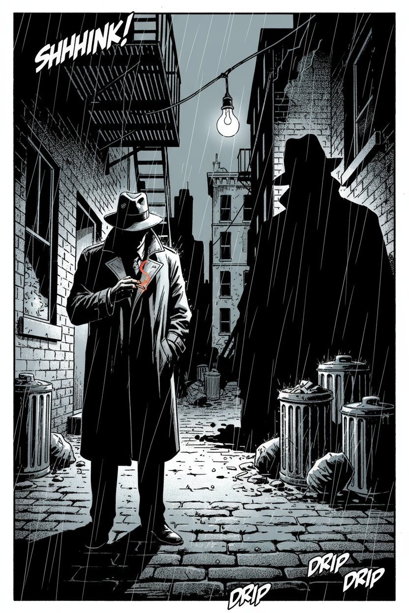비에 젖은 도시 골목의 탐정을 그린 거친 누아르 스타일의 코믹북 일러스트레이션, 고대비, 그림자와 빛.