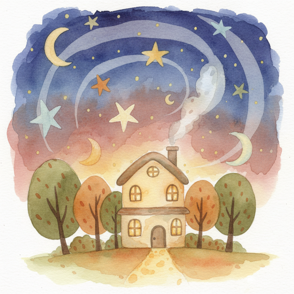 별이 빛나는 밤하늘 아래 집이 있는 수채화 아동화 일러스트.